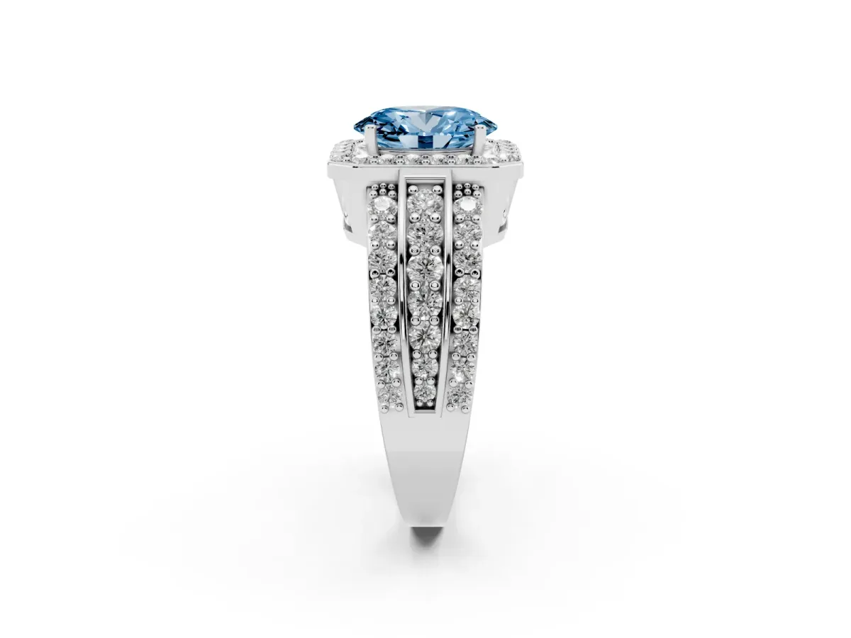 Fancy Blue Oval Cut Halo Diamond Ring with Round Split Shank and Prong Setting White gold