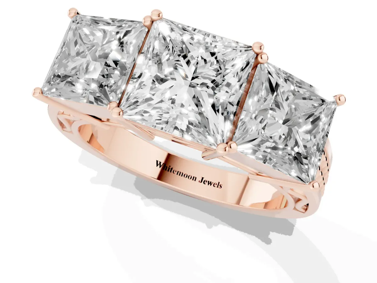 Princess Cut Diamond Three-Stone Ring with Prong Setting and Textured Band Rose gold