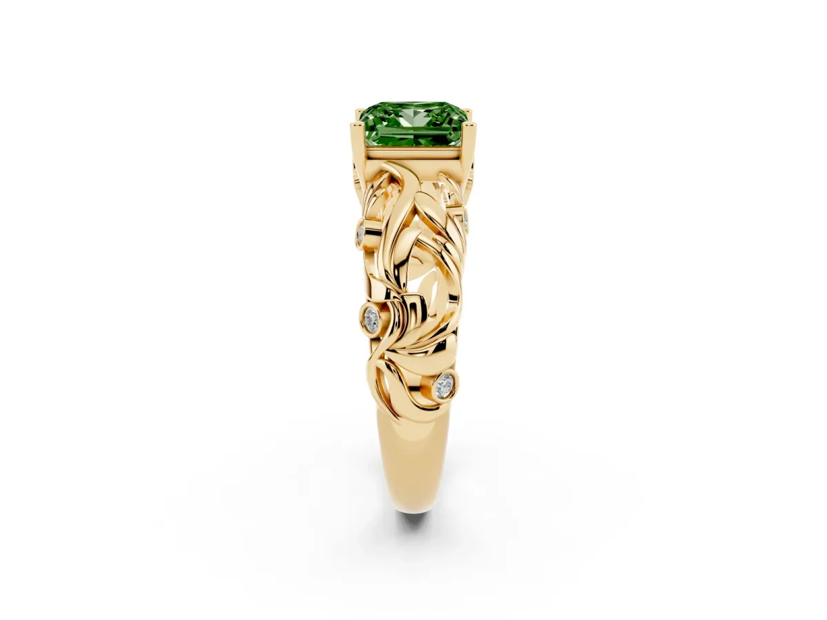 Fancy Green Princess Cut Solitaire Diamond Leaf-Inspired Vine Band Ring with Prong Setting Yellow gold
