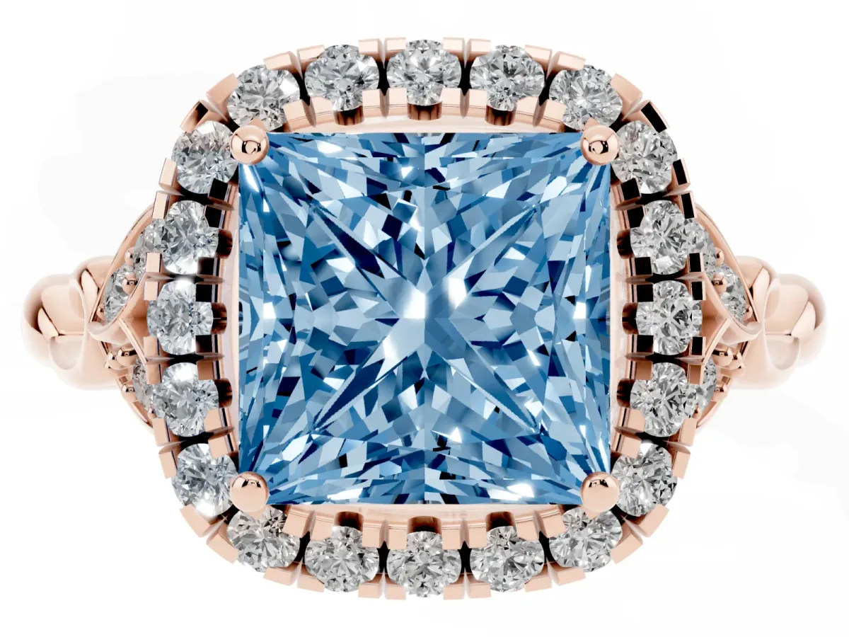 Fancy Blue Princess Cut Halo Diamond Engagement Ring with Vintage-Inspired Band and Four-Prong Setting Rose gold