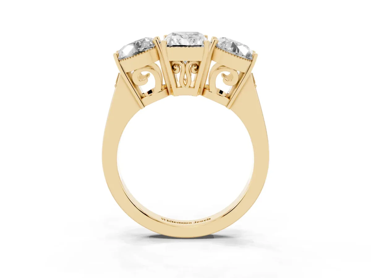 Three-Stone Radiant Cut Diamond Engagement Ring with Prong Setting on a Classic Band Yellow gold