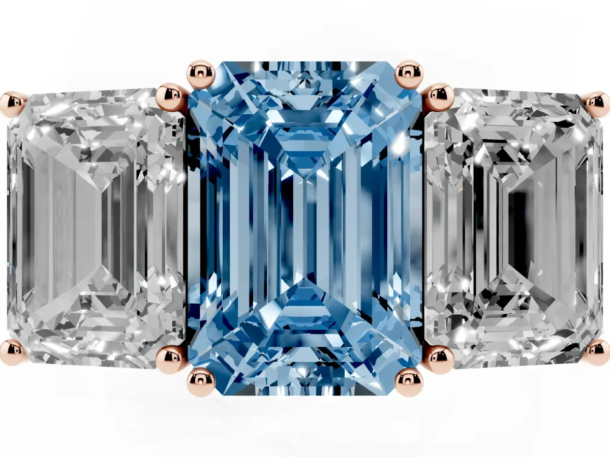 Fancy Blue Emerald Cut Diamond Three-Stone Ring with Prong Setting and Textured Band Rose gold