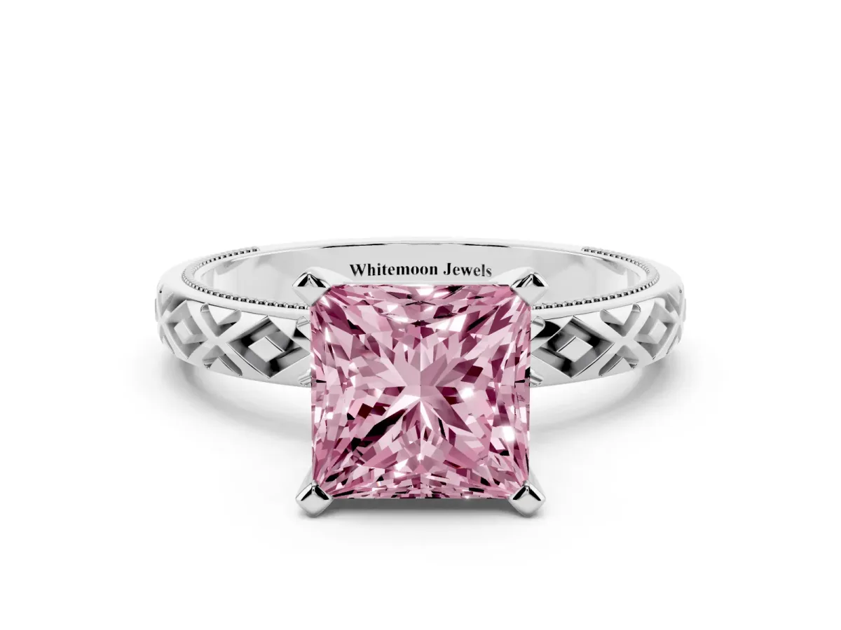 Fancy Pink Princess Cut Solitaire Diamond Ring with Milgrain and Black Enamel X Pattern Band Silver