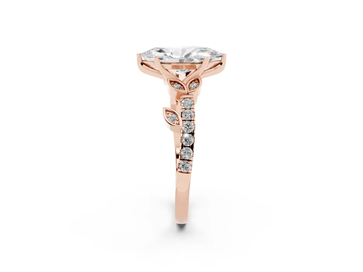 Marquise Cut Solitaire Leaf-Inspired Diamond Ring with Pavé Band and Four-Prong Setting Rose gold