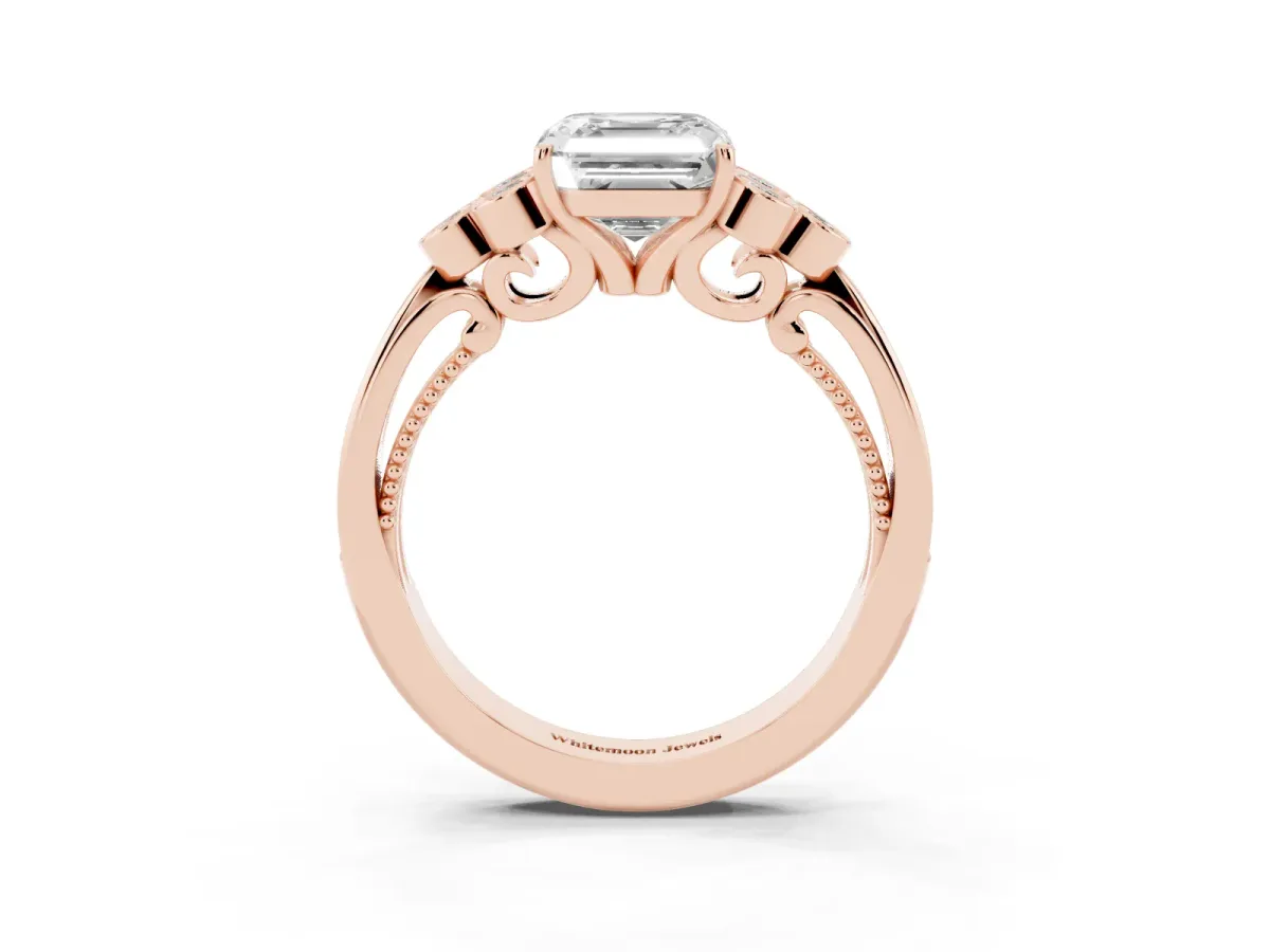 Asscher Cut Cut Diamond Engagement Ring with Bezel Set Round Side Stones and Prong Setting Rose gold