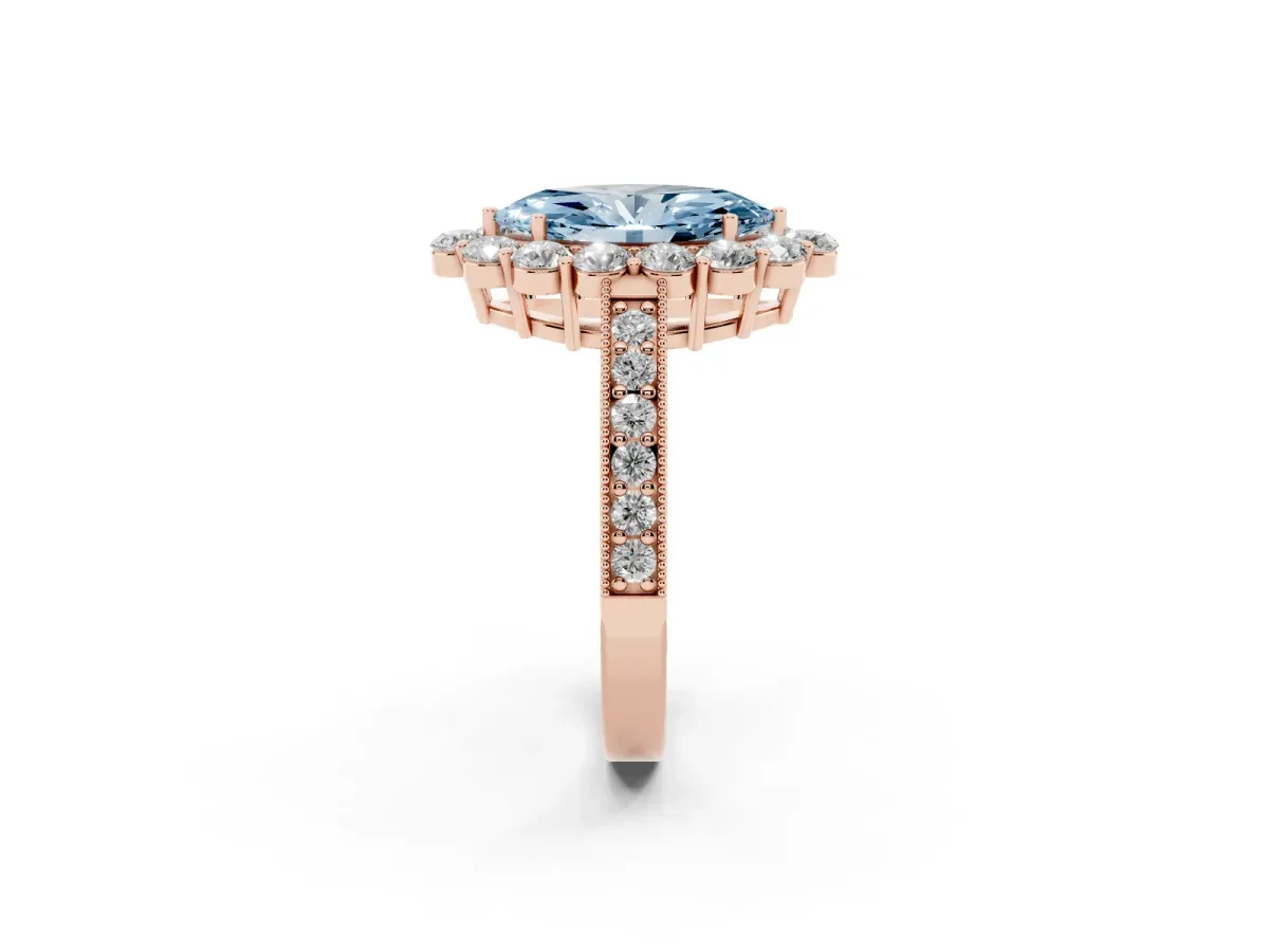 Fancy Blue Marquise Cut Cut Halo Diamond Pavé Engagement Ring with Milgrain Detailing Rose gold