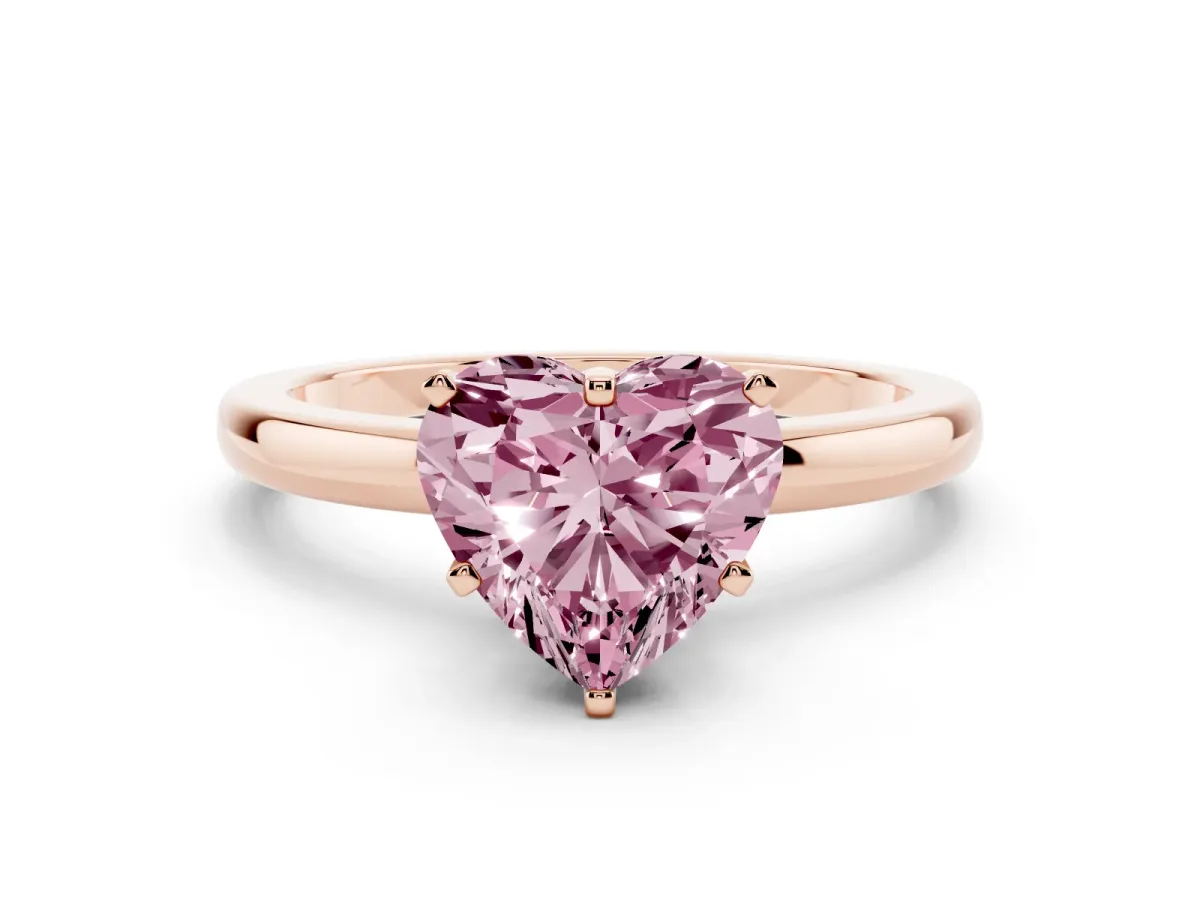 Fancy Pink Heart Cut Solitaire Diamond Ring with Six-Prong Setting on a Classic Band Rose gold
