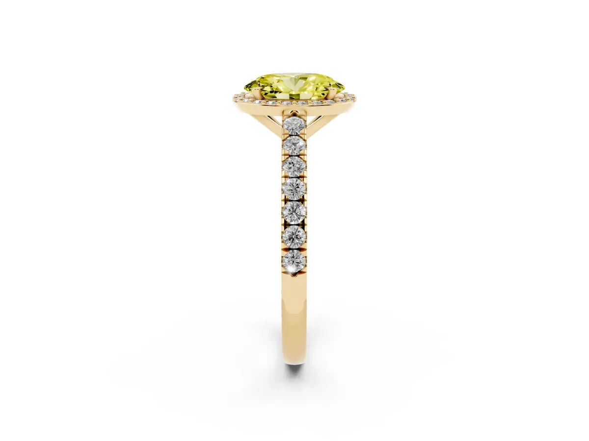 Fancy Yellow Oval Cut Cut Halo Diamond Engagement Ring with Pave Band and Four-Prong Setting Yellow gold