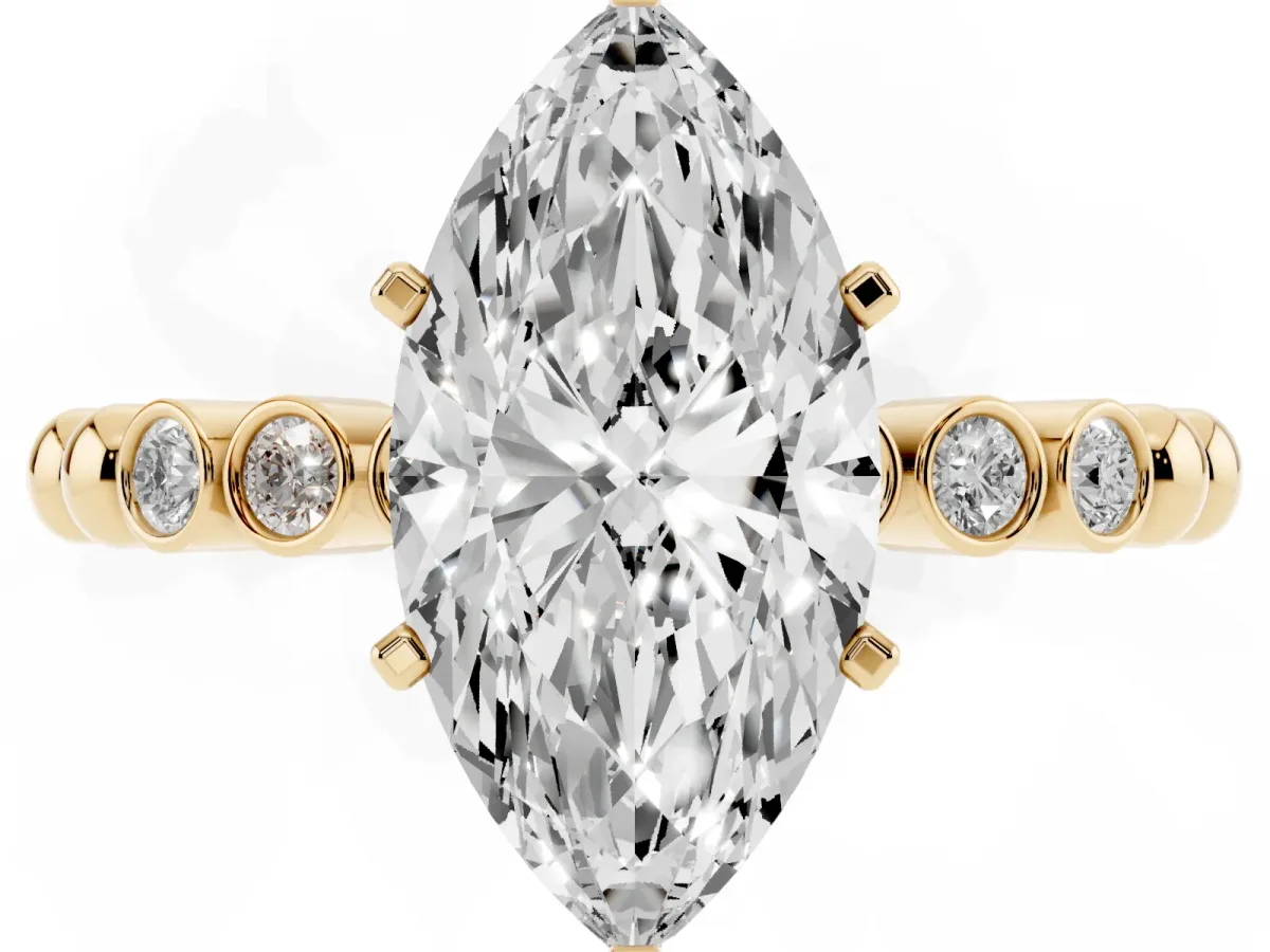 Marquise Cut Solitaire Bezel Accent Diamond Engagement Ring with Beaded Band and Four-Prong Setting Yellow gold