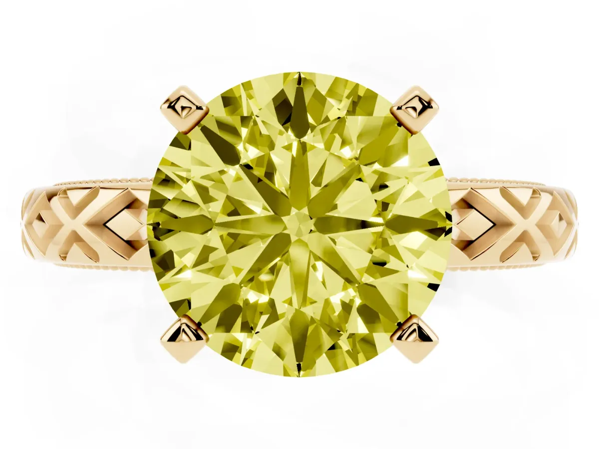 Fancy Yellow Round Cut Solitaire Diamond Ring with Milgrain and Black Enamel X Pattern Band Yellow gold