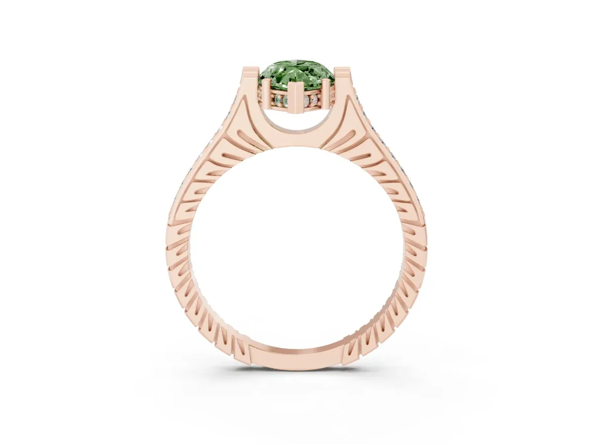 Fancy Green Marquise Cut Solitaire Diamond Ring with Channel Set Band and Bezel Prong Setting Rose gold