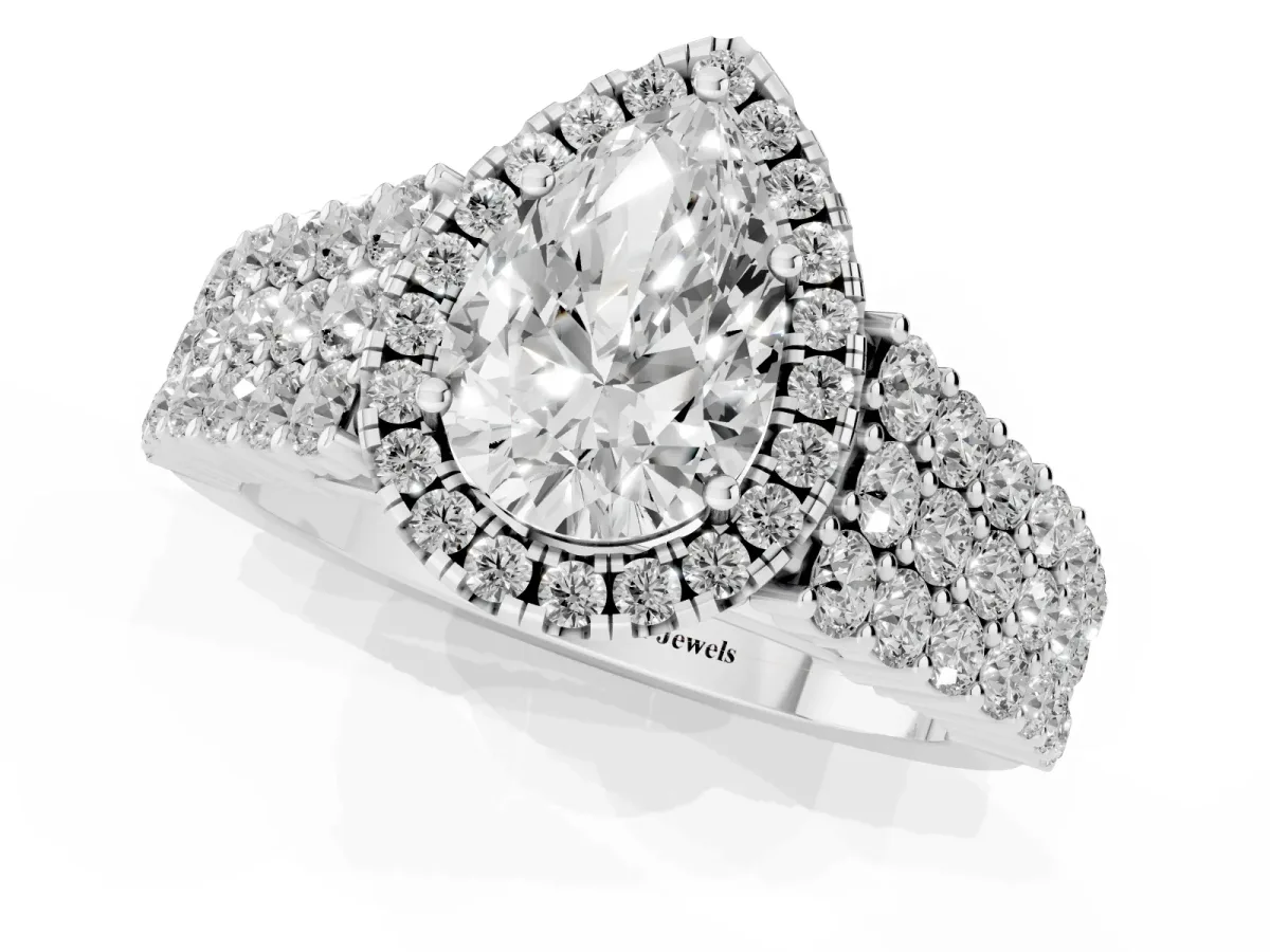 Pear Cut Diamond Halo Engagement Ring with Triple Row Round Pavé Band and Prong Setting Silver