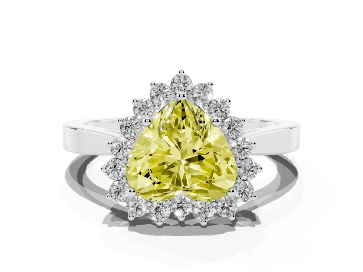 Fancy Yellow Heart Cut Cut Diamond Halo Ring with Round Brilliant Halo and Solitaire Band Silver