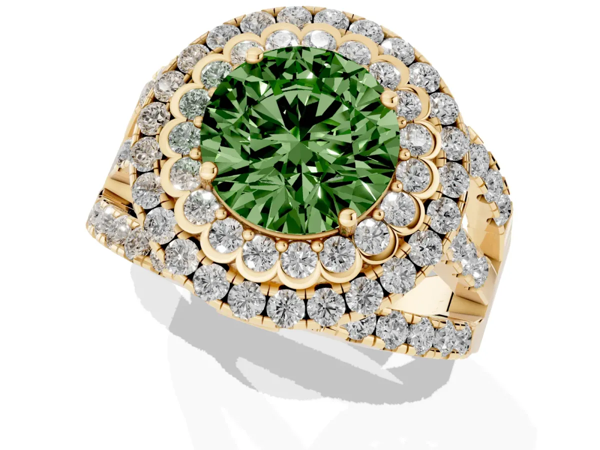 Fancy Green Round Cut Diamond Double Halo Ring with Round Pavé Split Shank and Prong Setting Yellow gold
