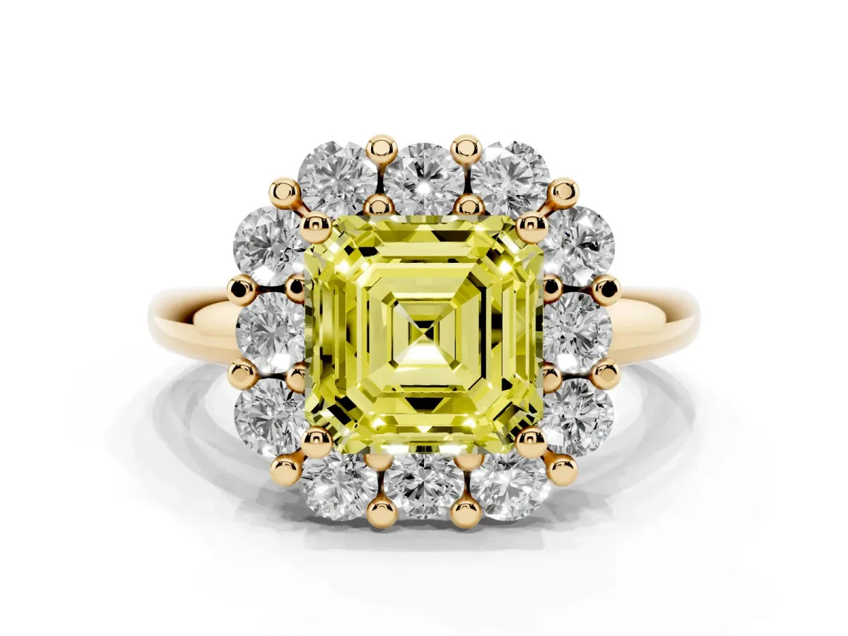 Fancy Yellow Asscher Cut Halo Cluster Diamond Engagement Ring with Prong Setting and Polished Band Yellow gold