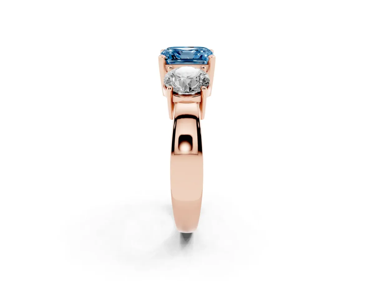 Fancy Blue Three-Stone Asscher Cut Diamond Ring with Round Side Stones, Classic Band, and Four-Prong Setting Rose gold