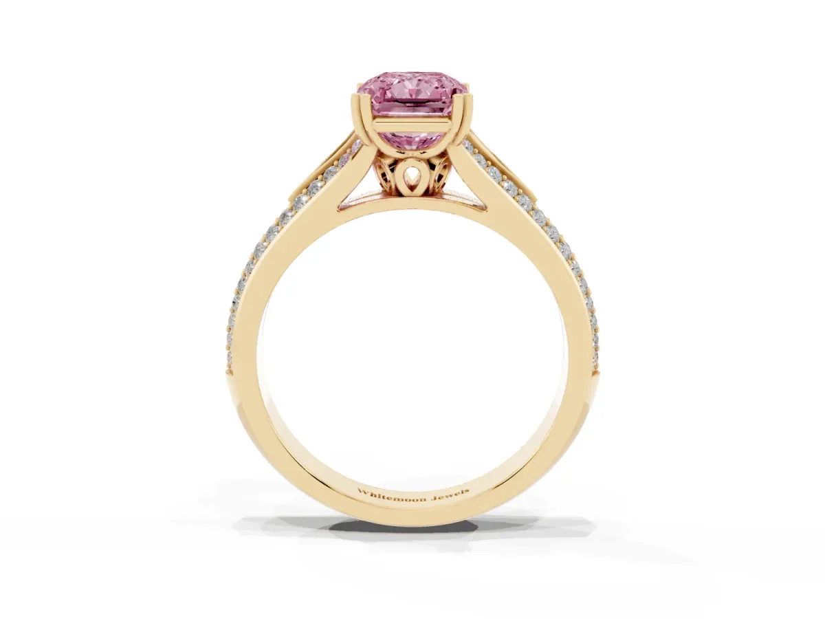 Fancy Pink Radiant Cut Diamond Split Shank Engagement Ring with Pavé Band Yellow gold