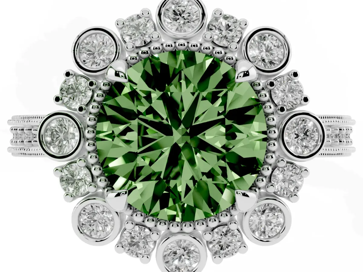 Fancy Green Round Cut Halo Milgrain Pave Diamond Ring with Four-Prong Setting Silver