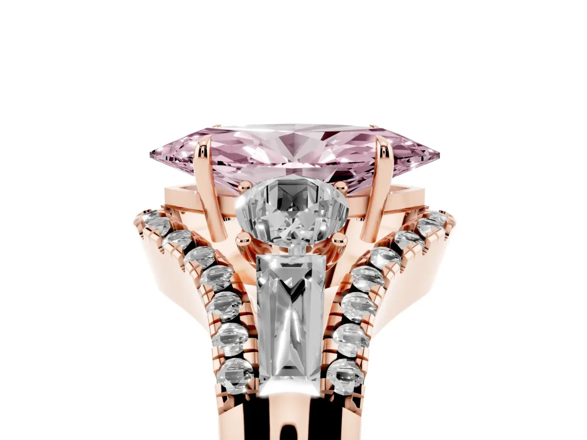 Fancy Pink Three-Stone Marquise Cut Diamond Engagement Ring with Pave Band and Prong Setting Rose gold