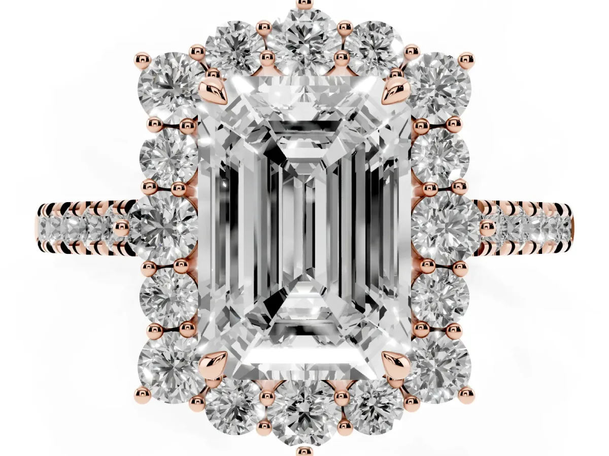 Emerald Cut Halo Diamond Ring with Pavé Band and Prong Setting Rose gold