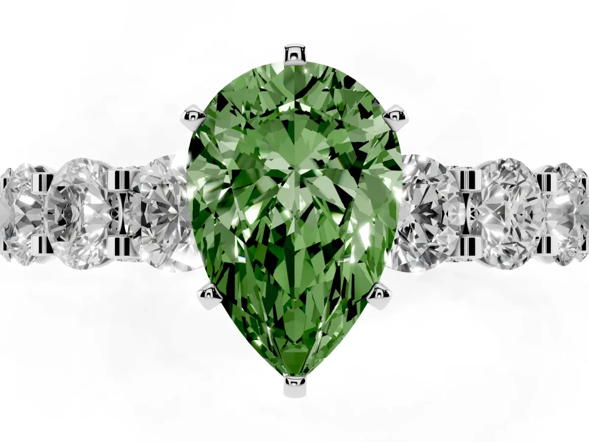 Fancy Green Pear Cut Diamond Side Stone Engagement Ring with Four-Prong Setting Silver