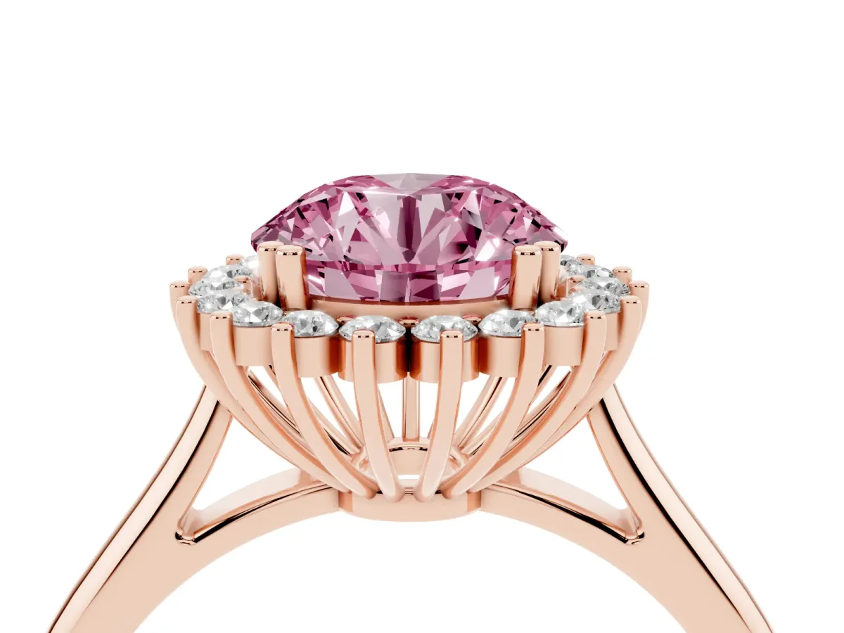 Fancy Pink Round Cut Cut Diamond Halo Ring with Solitaire Band and Prong Setting Rose gold