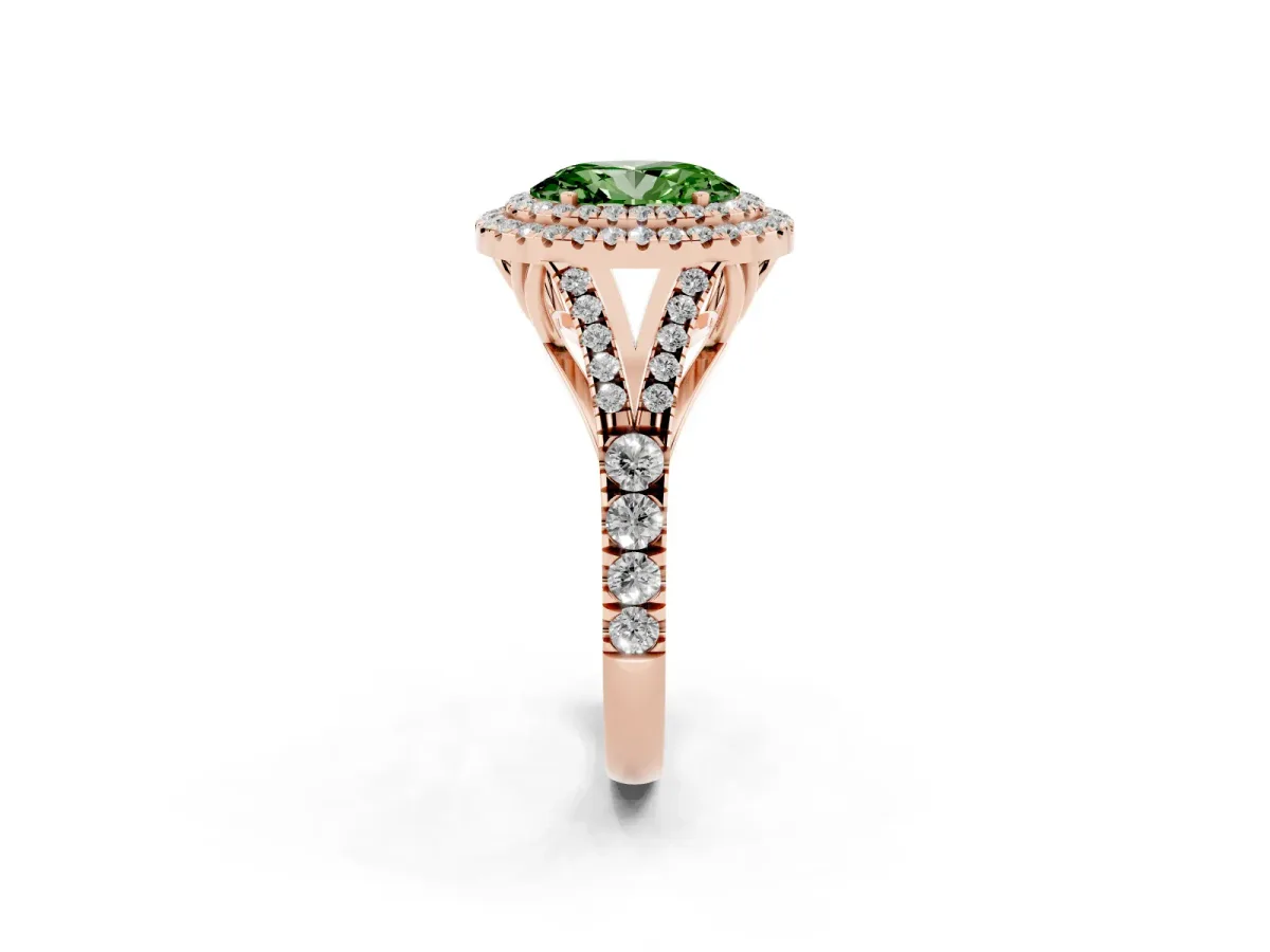 Fancy Green Oval Cut Diamond Pavé Split Shank Double Halo Engagement Ring Rose gold