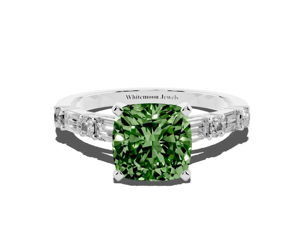 Fancy Green Cushion Cut Diamond Solitaire with Side Baguettes and Channel Set Band Silver