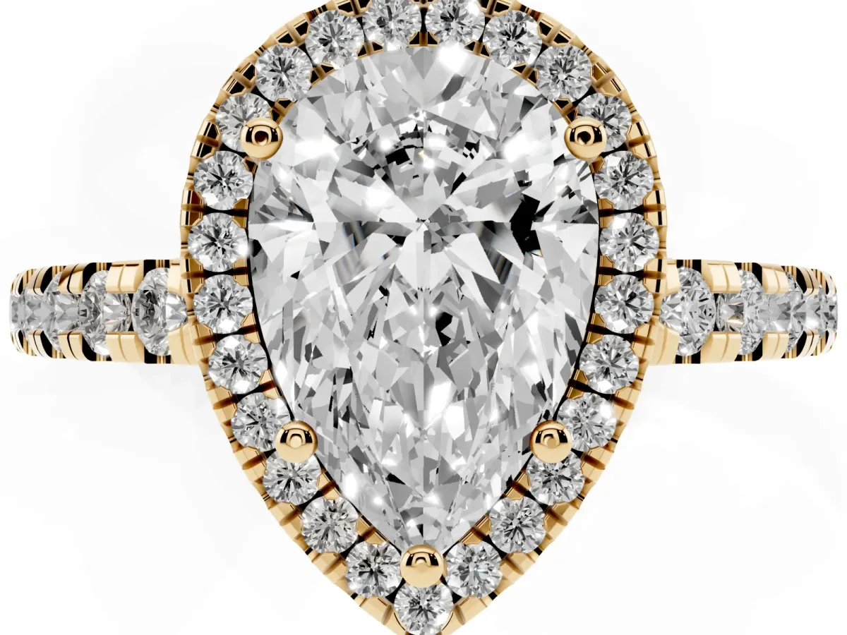 Pear Cut Diamond Halo Ring with Pavé Band and Four-Prong Setting Yellow gold