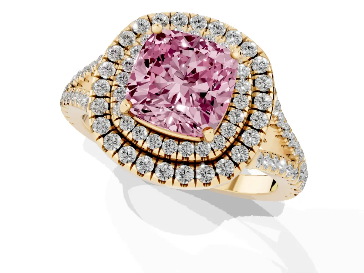 Fancy Pink Cushion Cut Diamond Double Halo Ring with Pavé Band and Prong Setting Yellow gold