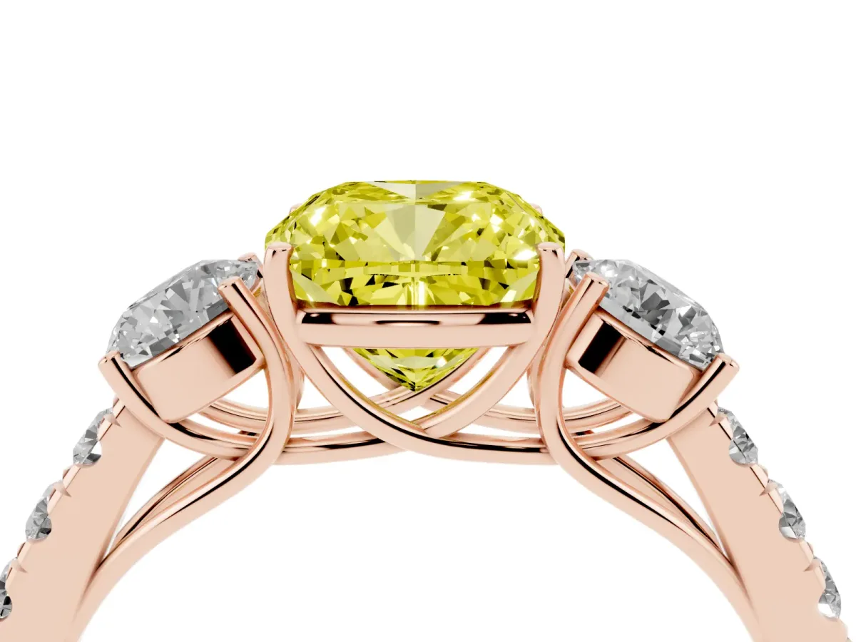 Fancy Yellow Cushion Cut Cut Diamond Three-Stone Ring with Round Side Stones and Pavé Band Rose gold