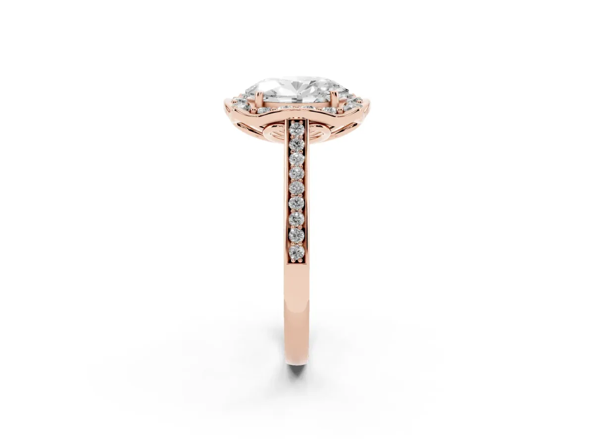 Oval Cut Halo Round Diamond Pave Band with Four-Prong Setting Rose gold