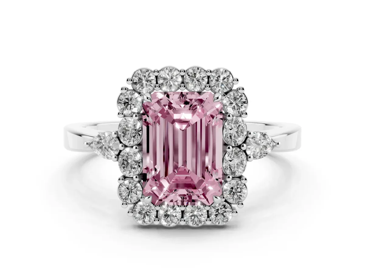 Fancy Pink Emerald Cut Diamond Halo Ring with Pear Side Stones and Prong Setting Silver