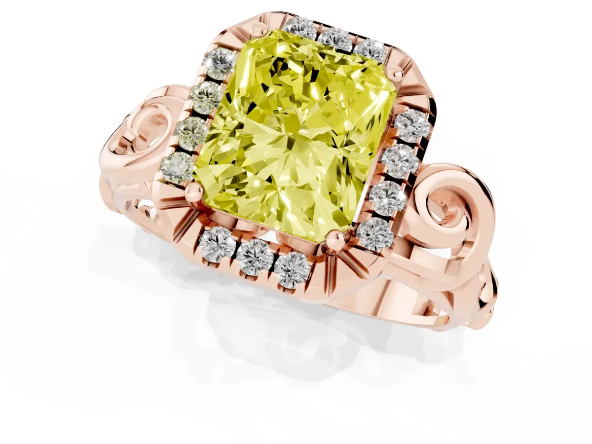 Fancy Yellow Radiant Cut Cut Halo Diamond Ring with Scrollwork Band and Four-Prong Setting Rose gold