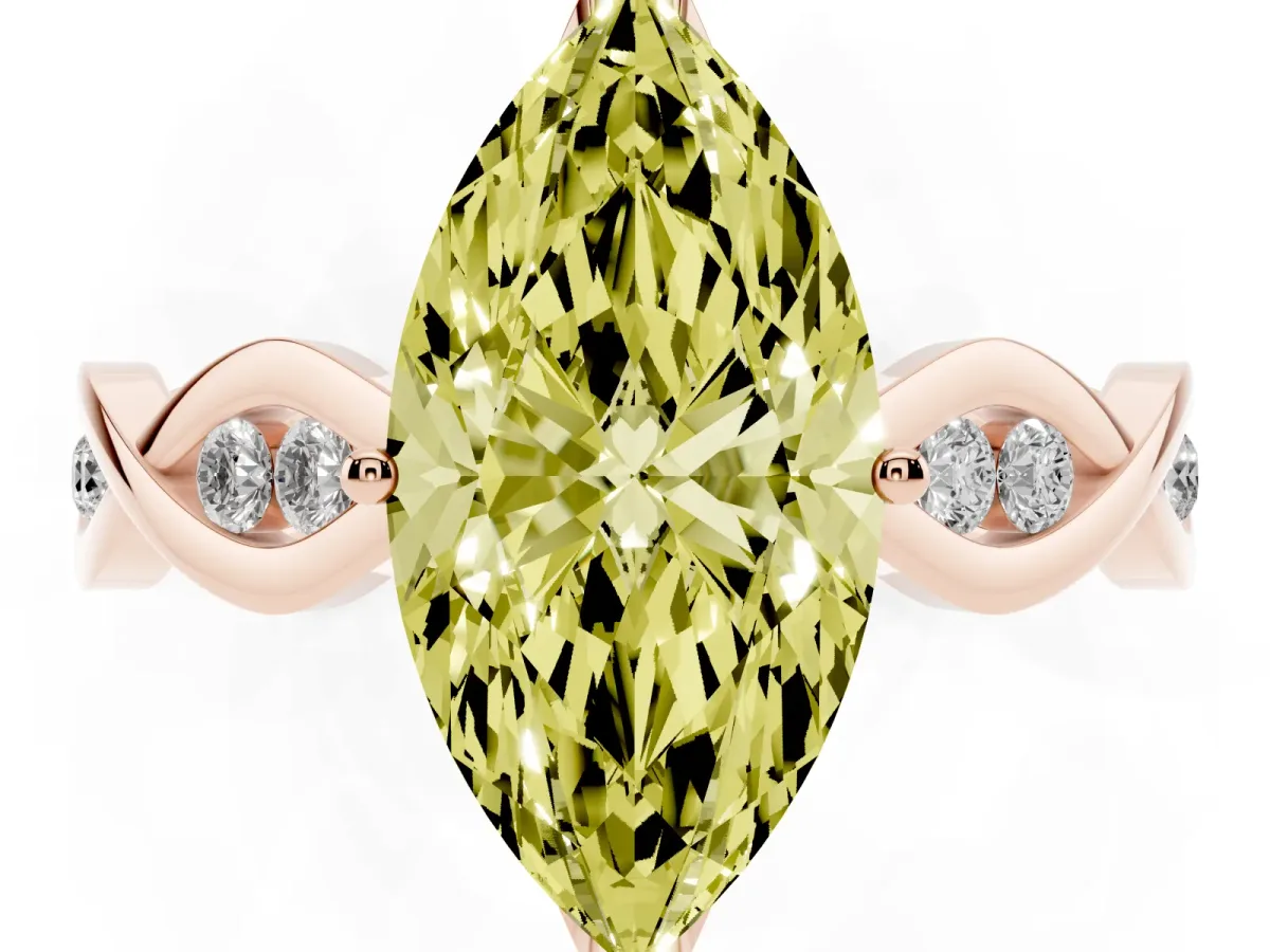 Fancy Yellow Marquise Cut Solitaire Twist Band with Leaf Prong Setting Rose gold