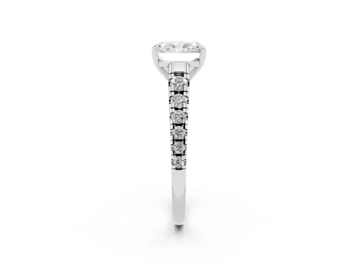 Radiant Cut Diamond Cathedral Solitaire Ring with Round Pavé Band Platinum