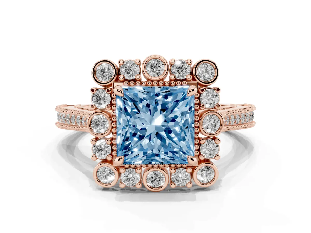 Fancy Blue Princess Cut Halo Milgrain Pave Diamond Ring with Four-Prong Setting Rose gold
