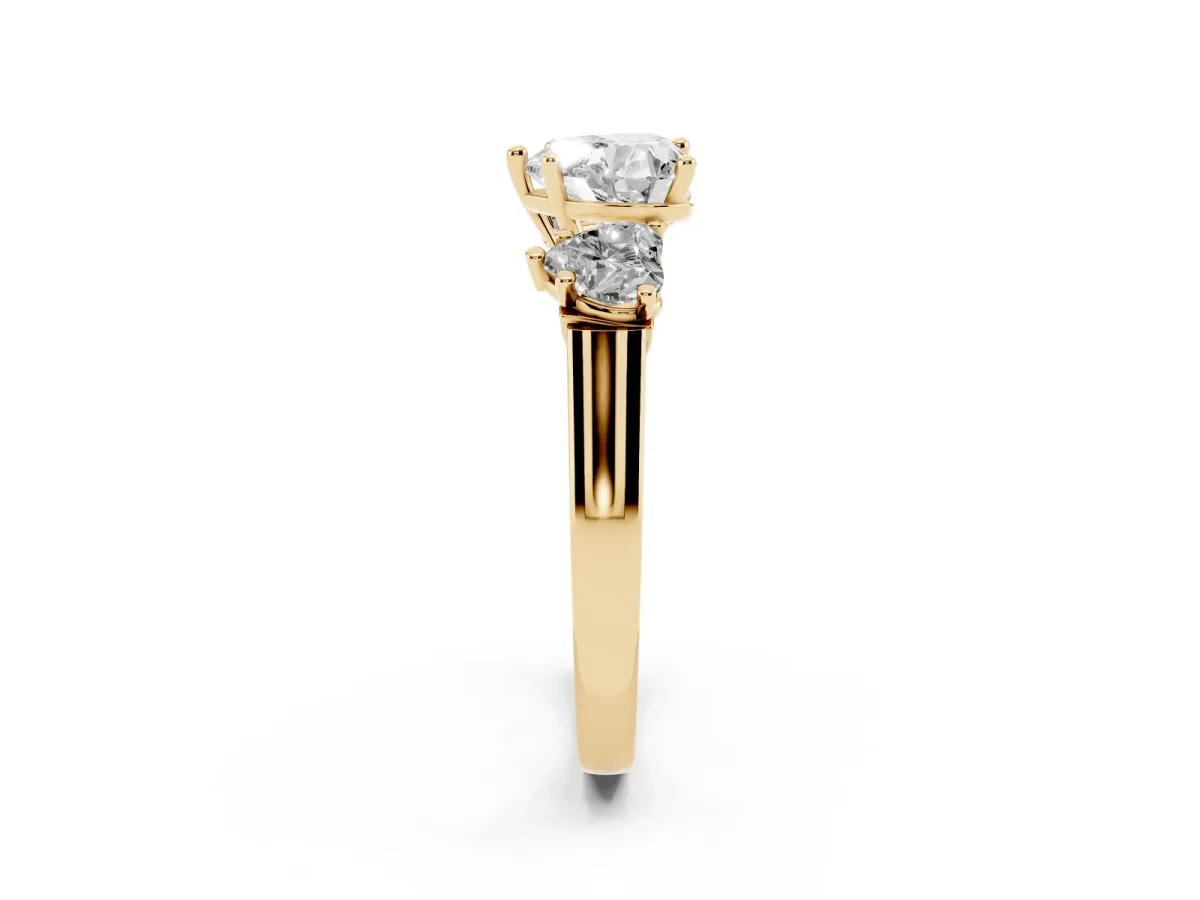 Three-Stone Heart Cut Brilliant Diamond Trellis Ring with Comfort Fit Band Yellow gold