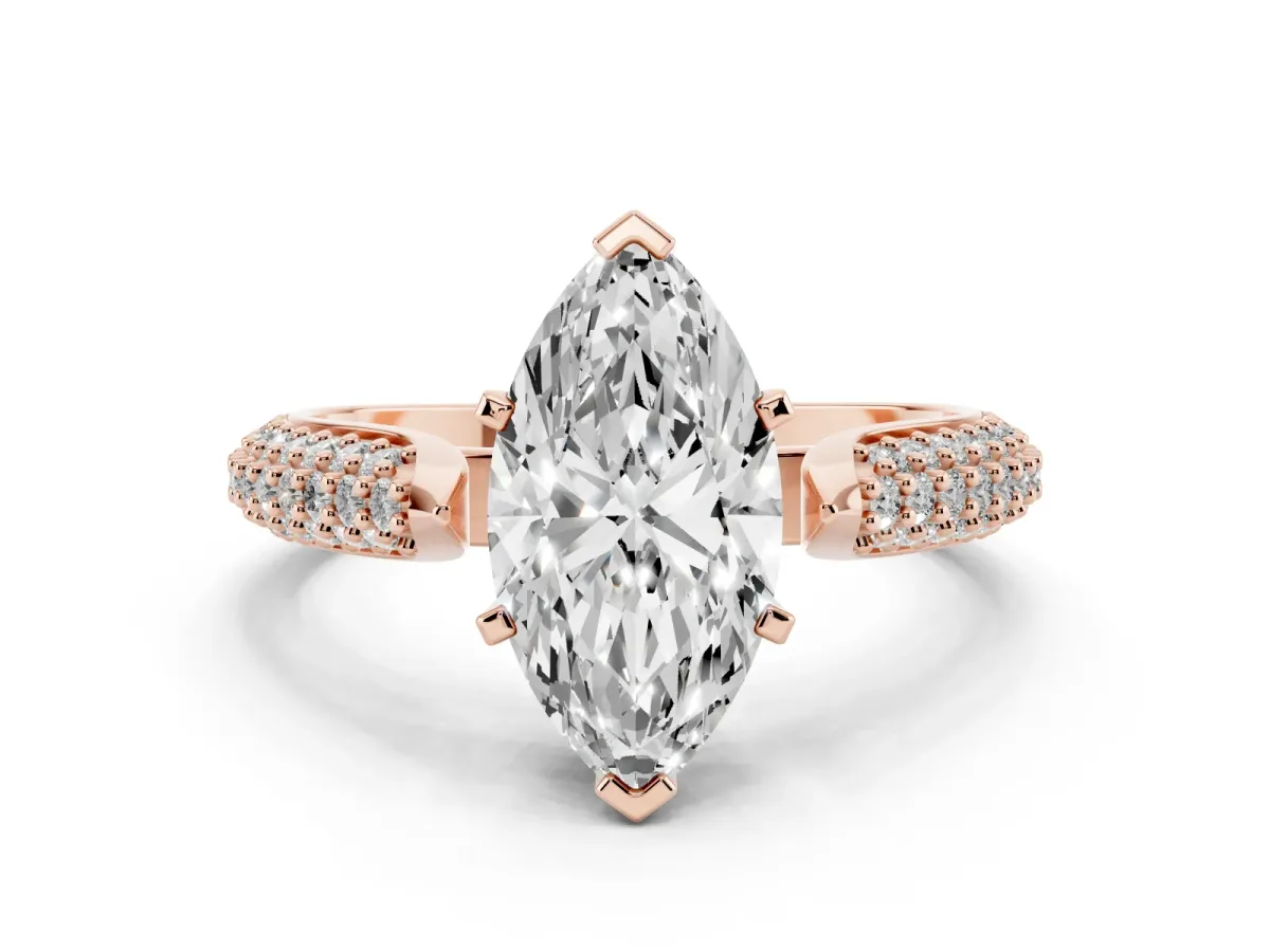 Marquise Cut Diamond Solitaire Engagement Ring with Multi-Row Round Pavé Band and Prong Setting Rose gold