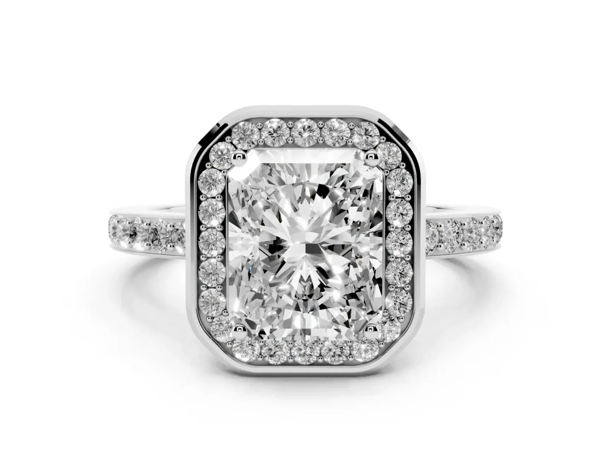 Radiant Cut Diamond Halo Ring with Bezel Frame and Pavé Band Silver