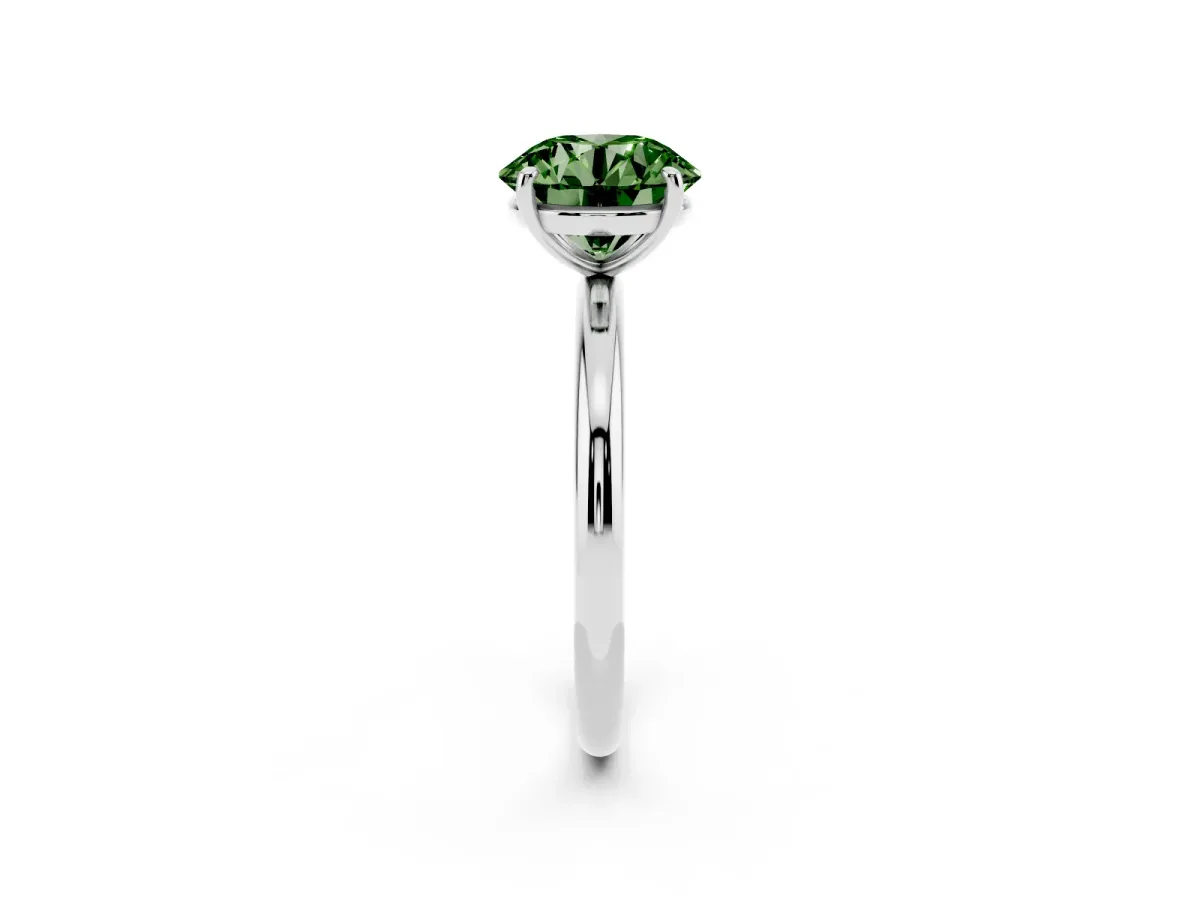 Fancy Green Round Cut Solitaire Diamond Ring with Four-Prong Setting on a Plain Band Platinum