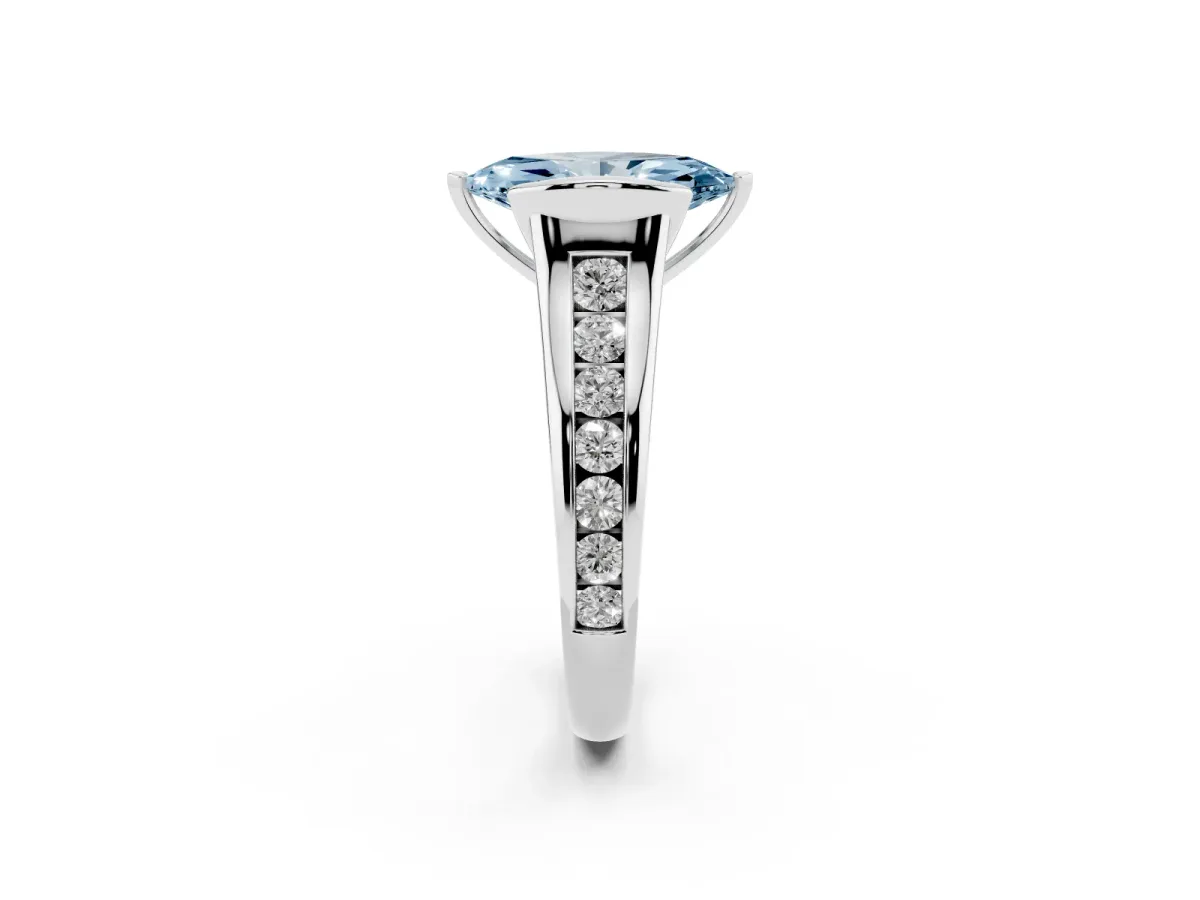 Fancy Blue Marquise Cut Solitaire Bezel-Set Diamond Ring with Channel-Set Band Silver