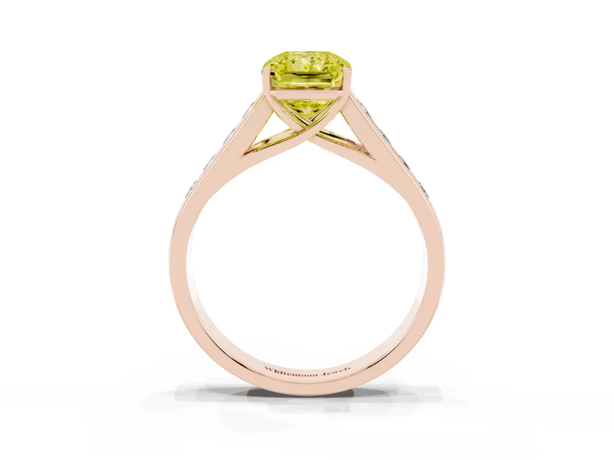 Fancy Yellow Radiant Cut Solitaire Channel-Set Diamond Engagement Ring with Four-Prong Setting Rose gold
