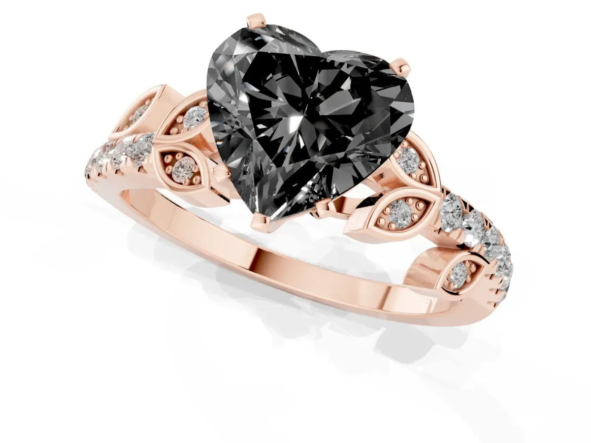 Fancy Black Heart Cut Solitaire Leaf-Inspired Diamond Ring with Pavé Band and Four-Prong Setting Rose gold