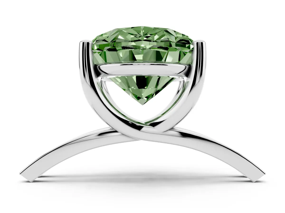 Fancy Green Oval Cut Cut Diamond Solitaire Engagement Ring with Tapered Plain Band and Four-Prong Setting Silver