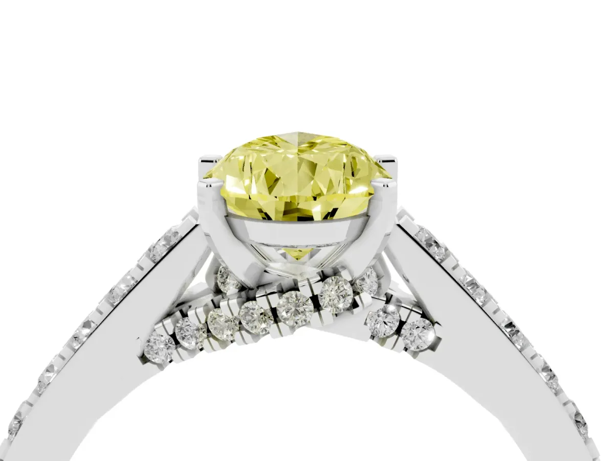 Fancy Yellow Pear Cut Diamond Solitaire Ring with Crossover Gallery and Round Pavé Band Silver