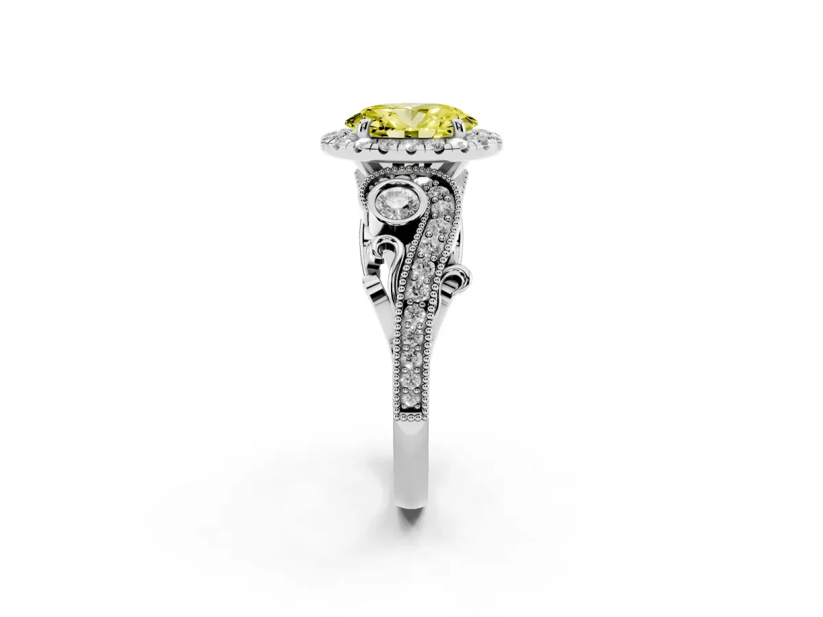 Fancy Yellow Oval Cut Halo Diamond Ring with Milgrain and Bezel Accents on a Split Shank Band Platinum