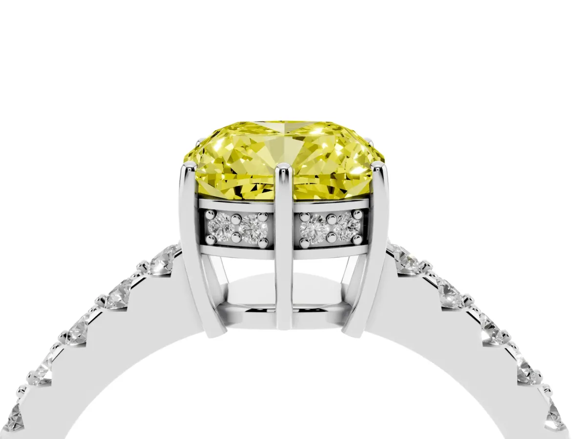 Fancy Yellow Cushion Cut Solitaire Diamond Engagement Ring with Pavé Band and Six-Prong Setting White gold