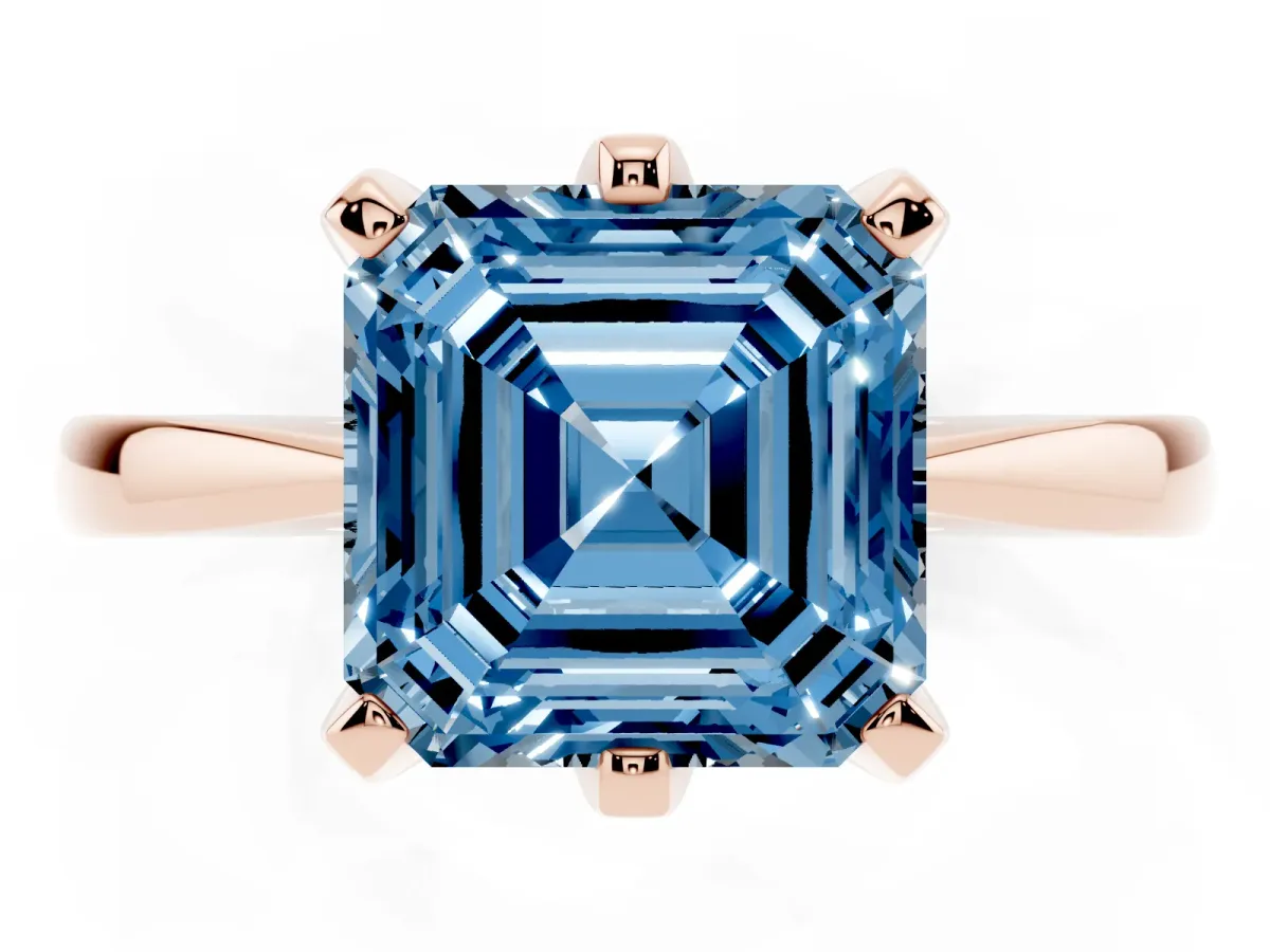 Fancy Blue Asscher Cut Solitaire Engagement Ring with Six-Prong Setting and Tapered Band Rose gold