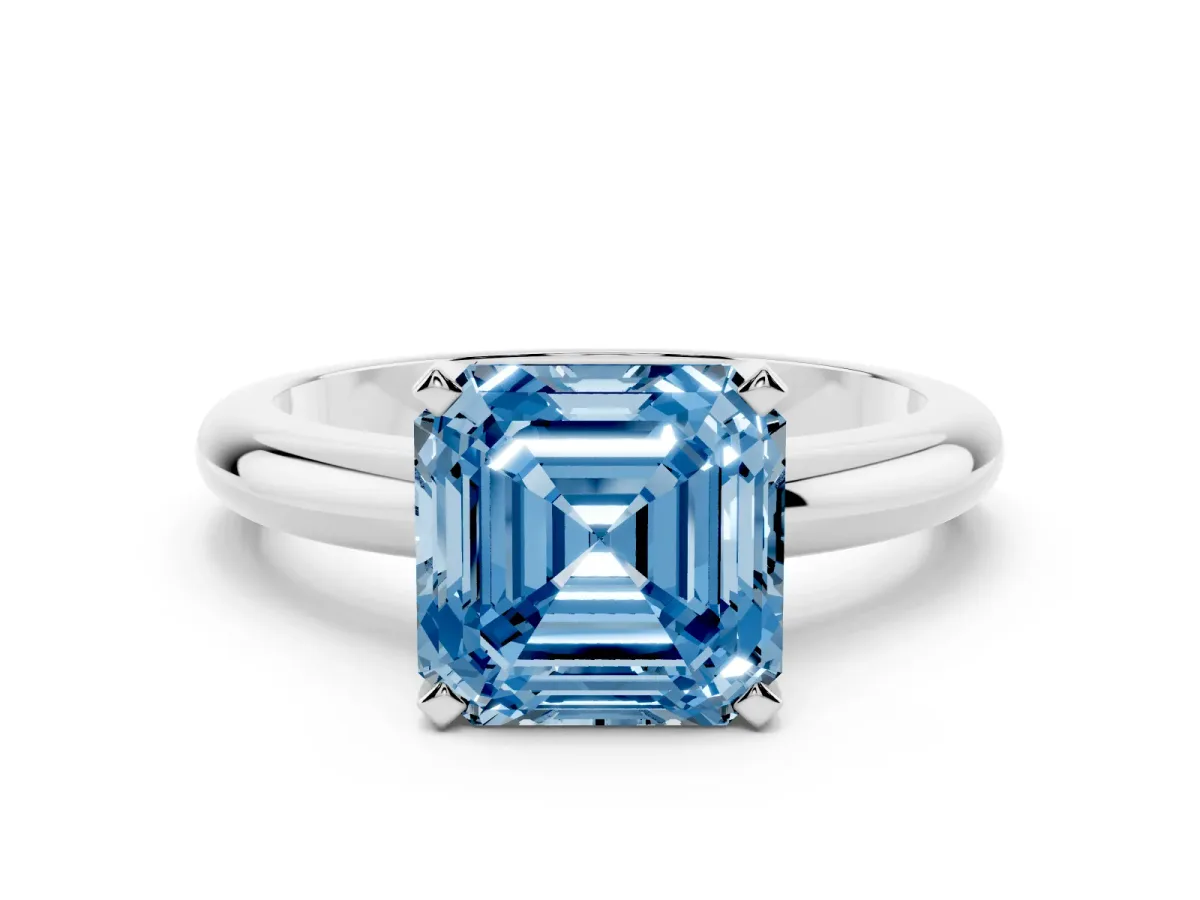 Fancy Blue Asscher Cut Diamond Solitaire Engagement Ring with Round Band and Four-Prong Setting Silver